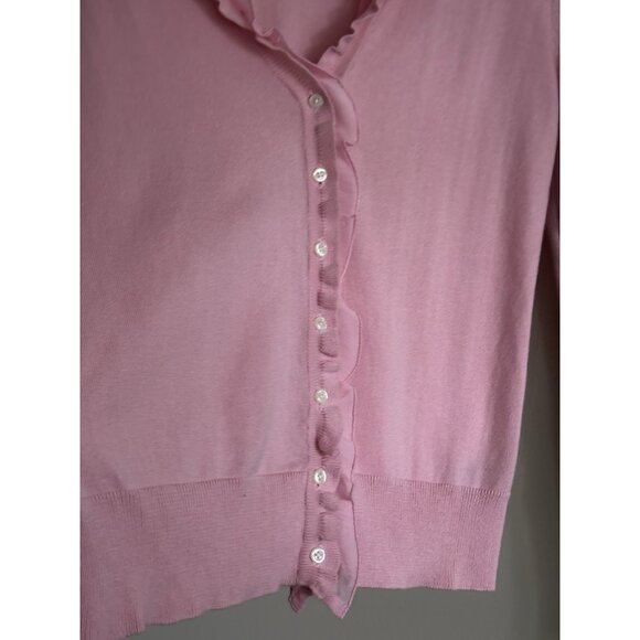 Chaps Pink Ruffle Cardigan Cotton Sweater Button Lightweight Medium Romantic - Picture 6 of 11
